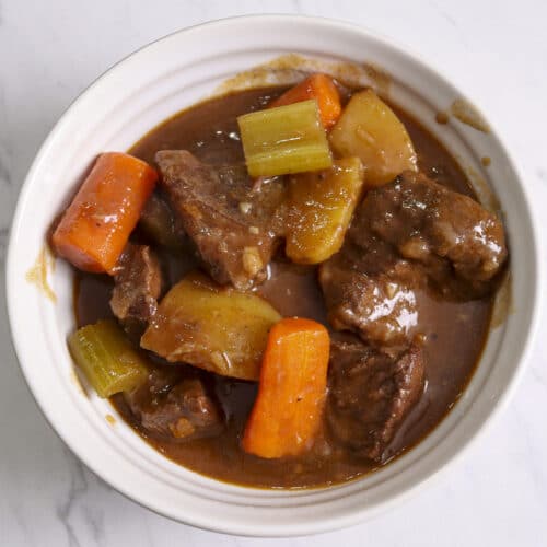 Dutch oven beef stew in a bowl
