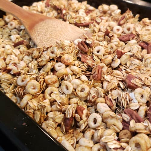 Granola that just came out of the oven.